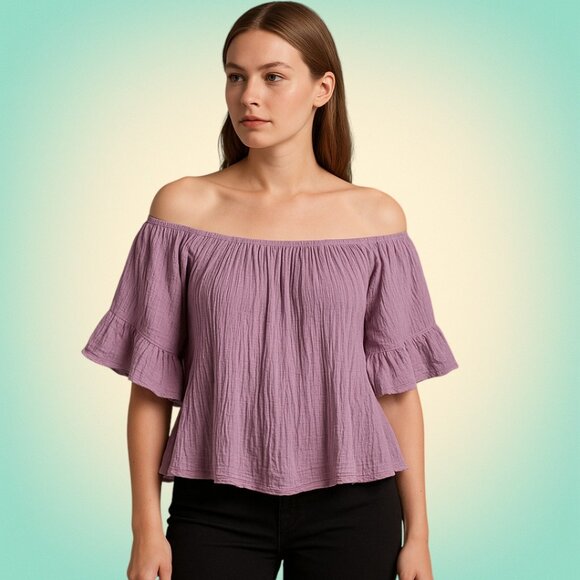 Boho Lilac Crinkle Cotton Off Shoulder Top Cottagecore Greece Women’s M - Picture 1 of 4